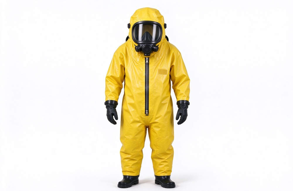 Front view of level one fully encapsulated chemical suit product view for firefighter hazmat suit total protection and chemical protective clothing gas tight design