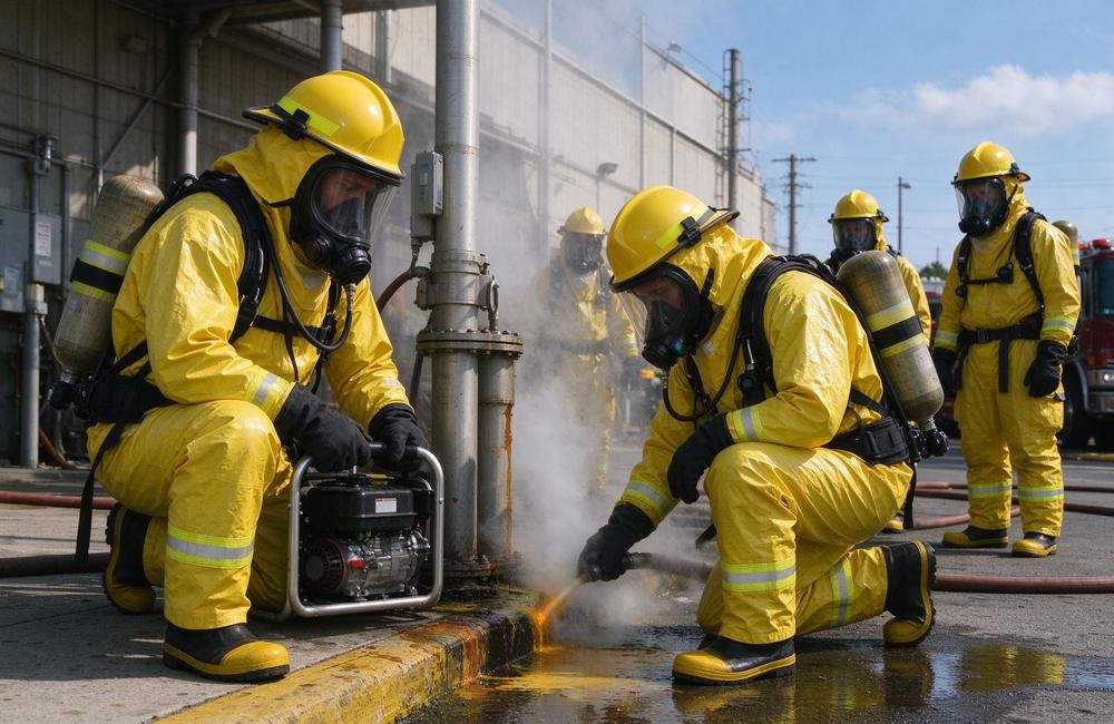Ground-level view of chemical leak response team wearing yellow chemical protective fire resistant chemical suits for firefighter hazmat suit containment and chemical protective clothing emergency handling