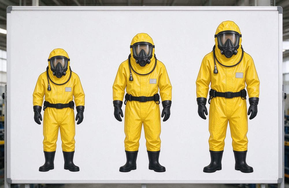 Flat-lay view of chemical protection levels comparison chart for firefighter hazmat suit selection and yellow chemical protective fire resistant chemical suit classification guidance for chemical protective clothing buyers