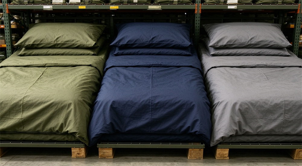 Three sets of field bedding in olive green, navy blue and gray, heavy duty durable tactical bed linens. Three sets of field bedding in olive green, navy blue and gray, heavy duty durable tactical bed linens.
