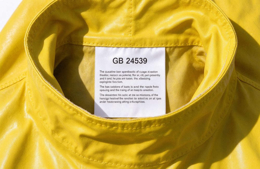 Top-down view of gB 24539 standard label on chemical suit for firefighter hazmat suit compliance and yellow chemical protective fire resistant chemical suit export certification verification