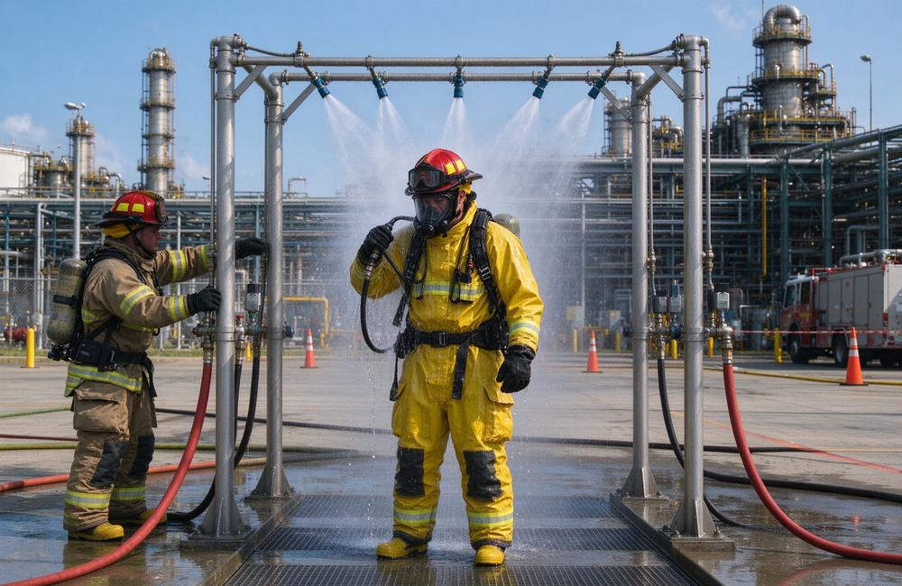 High-angle view of chemical plant worker in yellow chemical protective fire resistant chemical suit for chemical protective clothing daily workwear and firefighter hazmat suit industrial application