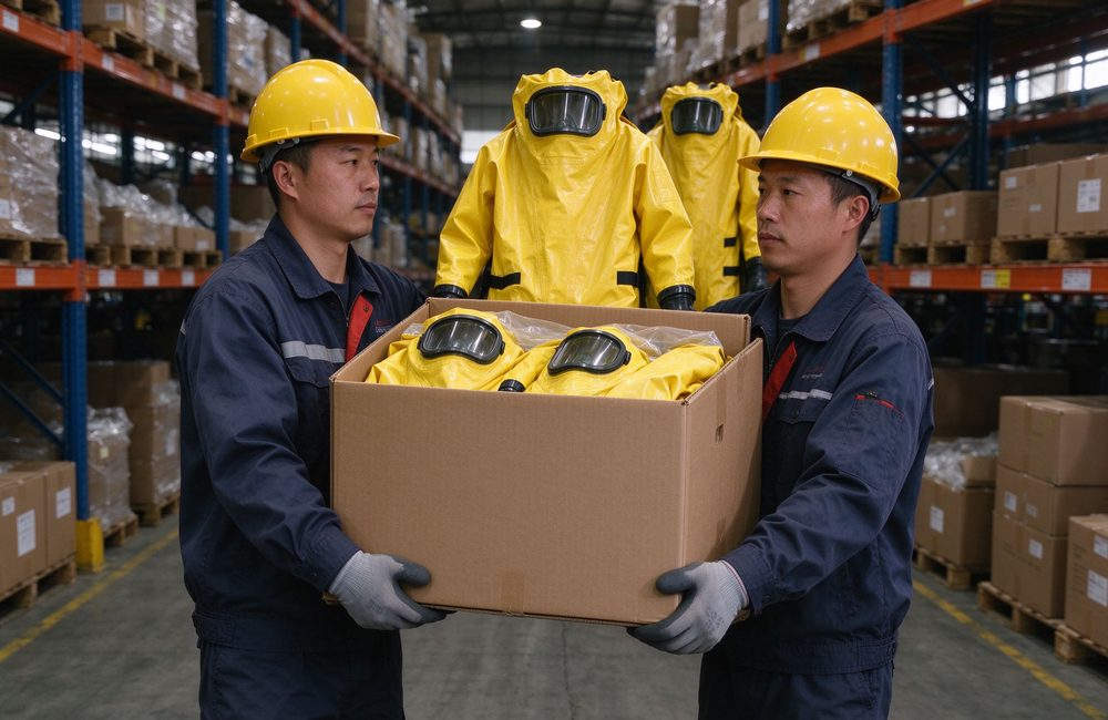 Aerial view of firefighter hazmat suit team training in decontamination zone for yellow chemical protective fire resistant chemical suit procedure practice and chemical protective clothing readiness