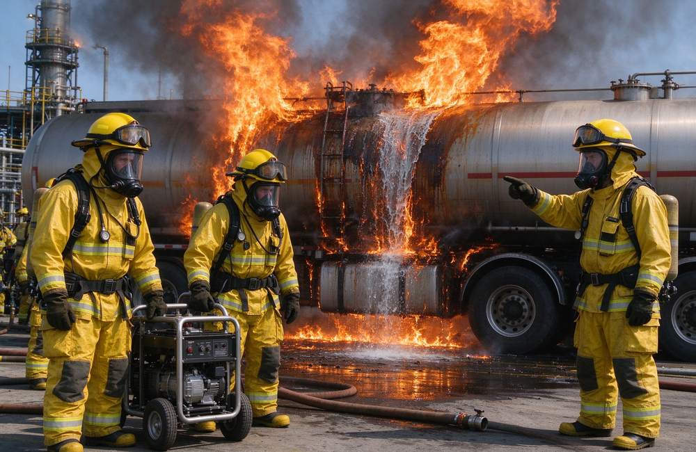 Eye-level view of chemical suit gas tight closure detail for firefighter hazmat suit sealing protection and fire resistant chemical suit integrity verification at industrial plants