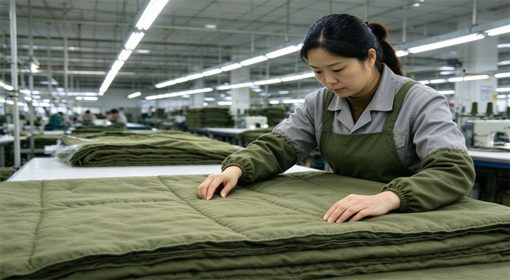 Worker inspects olive green field quilt, sturdy thick warm insulated bedding fabric material well. Worker inspects olive green field quilt, sturdy thick warm insulated bedding fabric material well.