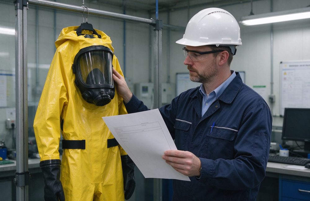 Flat-lay view of firefighter hazmat suit inspection checklist for yellow chemical protective fire resistant chemical suit condition check and chemical protective clothing maintenance guidance for chemical protective clothing buyers