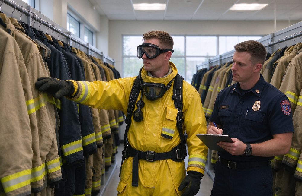 Wide-angle view of chemical suit storage rack in warehouse for firefighter hazmat suit inventory and yellow chemical protective fire resistant chemical suit bulk stock for industrial plants