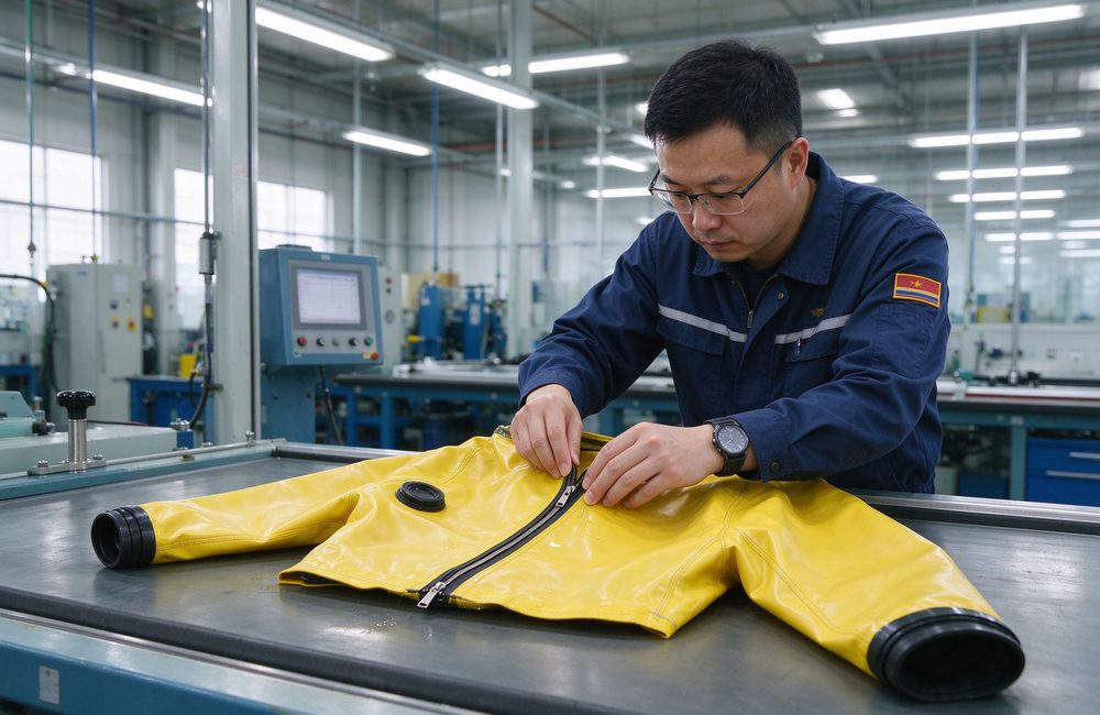 Ground-level view of chemical protective clothing export packing in cartons for firefighter hazmat suit overseas supply and yellow chemical protective fire resistant chemical suit international delivery