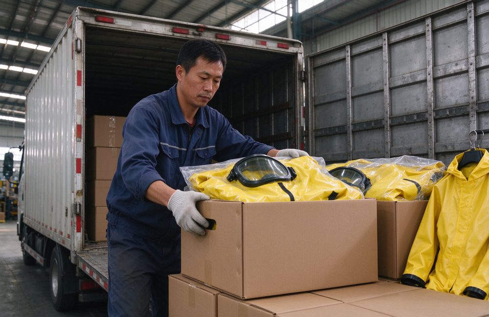 Night-time view of firefighter hazmat suit team group photo for yellow chemical protective fire resistant chemical suit team standard and chemical protective clothing corporate procurement for chemical protective clothing buyers