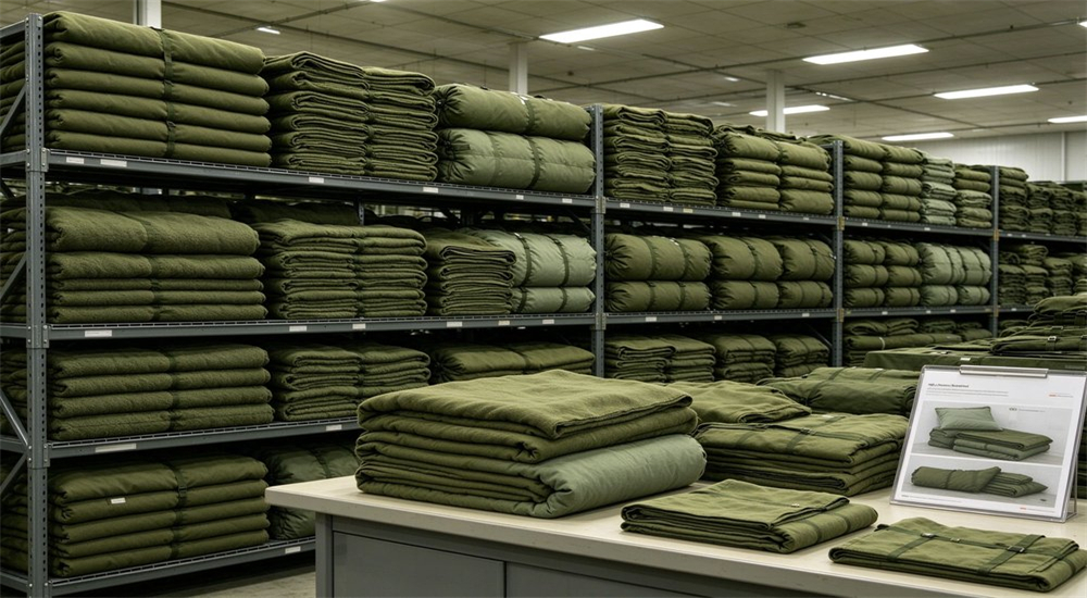 Stacked olive green field sleeping bags, thick warm durable outdoor bedding goods for field missions. Stacked olive green field sleeping bags, thick warm durable outdoor bedding goods for field missions.