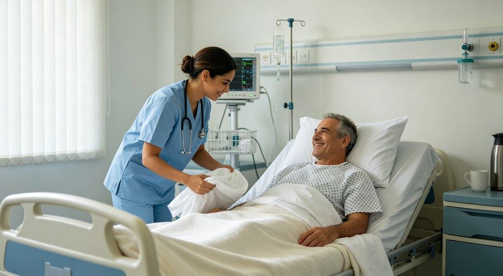 Wide-angle view of bright modern hospital ward with neatly made beds dressed in clean white wholesale hospital medical bedding, staff preparing fresh linen, infection control healthcare environment
