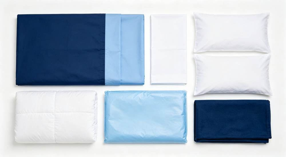 Top-down flat lay view of complete wholesale hospital medical bedding set flat lay on a clean white background, white duvet cover flat sheet and pillowcase neatly folded together, bulk medical linen ready for institutional laundry cycles