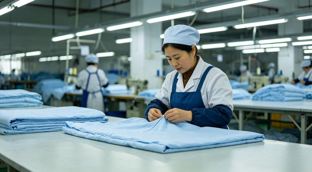 Wide shot of textile factory production line cutting white hospital medical bedding fabric, workers overseeing bulk hospital linen manufacturing for wholesale export orders from China, clean production floor, professional textile photography with bright even lighting for healthcare procurement buyers
