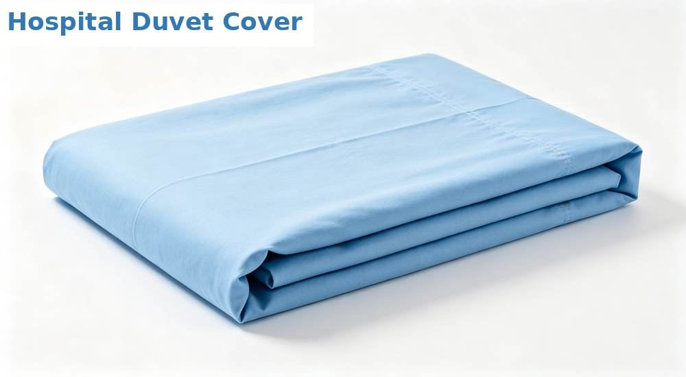 Front view of light blue wholesale hospital medical bedding duvet cover and pillowcase set on white background, soft clinical color for hospital wards