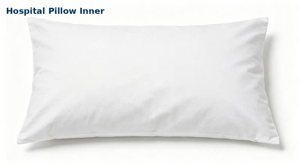 Close-up of white hospital pillow inner with polypropylene cover for wholesale medical bedding, rectangular hypoallergenic pillow stacked on a clean white background, quick drying fill, professional textile photography with bright even lighting for healthcare procurement buyers