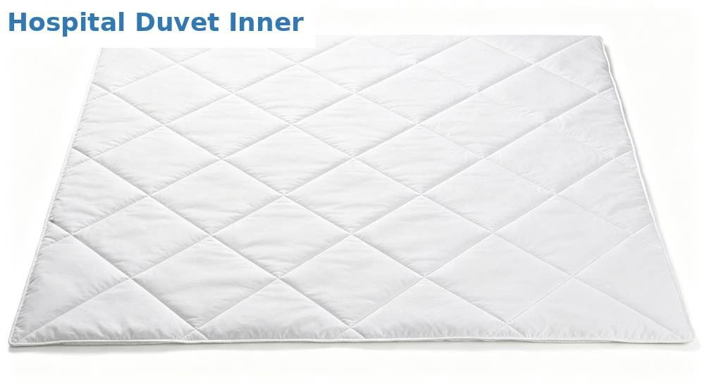 Side view of white hospital duvet inner quilt filled with polyester for wholesale medical bedding, lightweight warm comforter shown on a clean white background for patient beds, professional textile photography with bright even lighting for healthcare procurement buyers