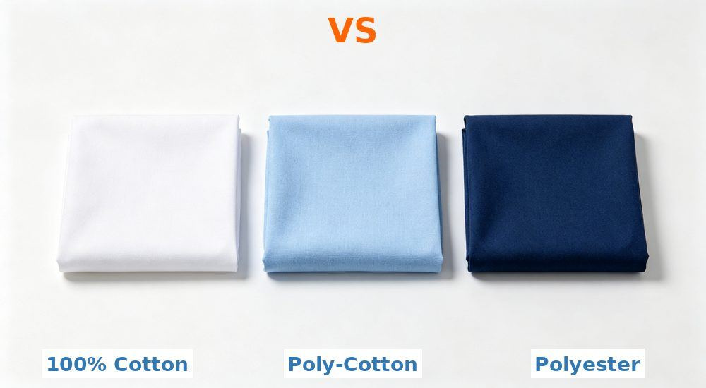 Fabric type comparison for wholesale hospital medical bedding showing cotton poly-cotton and polyester swatches side by side in white clinical material, close up weave detail, professional textile photography with bright even lighting for healthcare procurement buyers