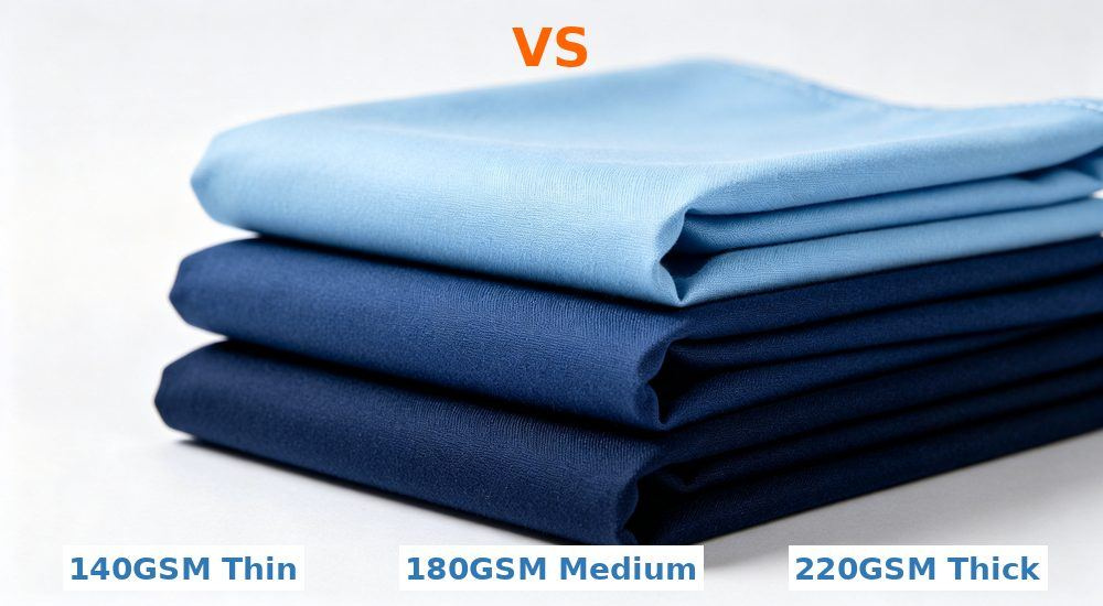 Side-by-side comparison of gSM weight options comparison for wholesale hospital medical bedding showing 160 180 and 200 gram fabric swatches in white, layered thickness display, professional textile photography with bright even lighting for healthcare procurement buyers