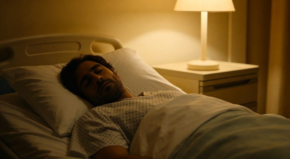 Side view of patient sleeping peacefully at night in a hospital bed dressed in quiet low-noise wholesale medical bedding, calm dim care environment supporting restful recovery, professional textile photography with bright even lighting for healthcare procurement buyers Side view of patient sleeping peacefully at night in a hospital bed dressed in quiet low-noise wholesale medical bedding, calm dim care environment supporting restful recovery, professional textile photography with bright even lighting for healthcare procurement buyers