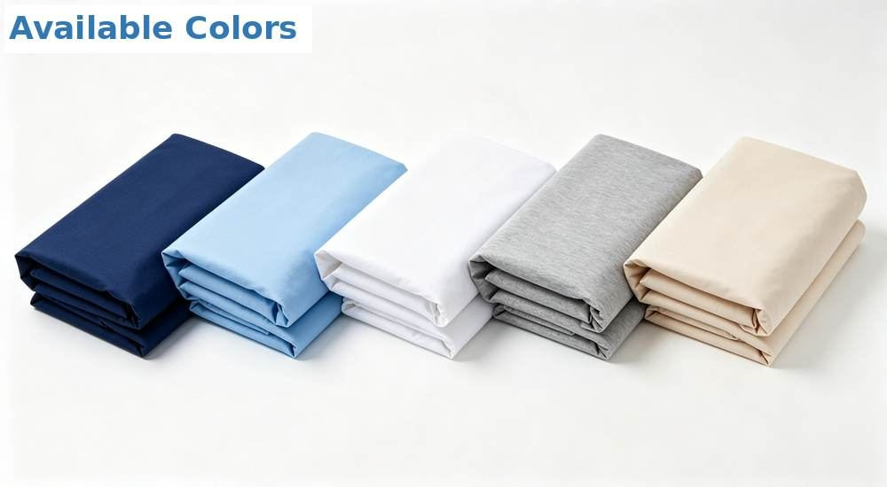 Top-down view of color options for wholesale hospital medical bedding showing navy blue white and grey folded linens in coordinated institutional tones, neat fabric display, professional textile photography with bright even lighting for healthcare procurement buyers