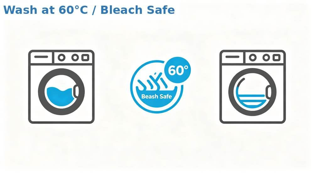 Close-up view of washing instructions for wholesale hospital medical bedding showing 60 degree thermal wash and bleach care on linens in an institutional laundry, clean processed textiles, professional textile photography with bright even lighting for healthcare procurement buyers