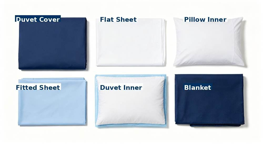 Top-down view of full product range of wholesale hospital medical bedding with coordinated labels, complete line of sheets duvet covers and pillowcases on display, tidy product lineup, professional textile photography with bright even lighting for healthcare procurement buyers