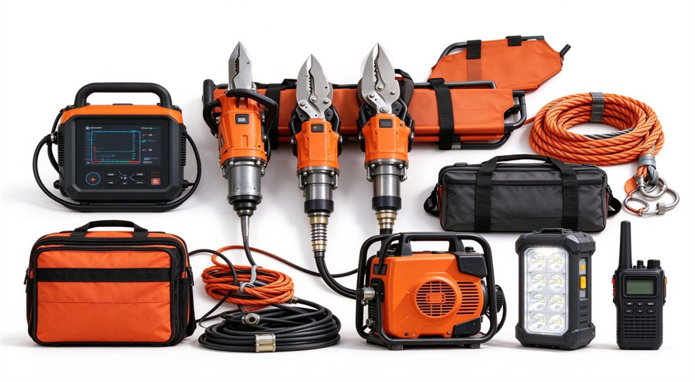 Hydraulic rescue tools set with power unit, cutting spreader equipment and supporting rescue accessories