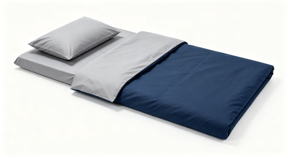 Top-down flat lay of complete refugee camp bedding set on white background, folded blanket sheet and pillow bundle for emergency shelter distribution, durable relief linen