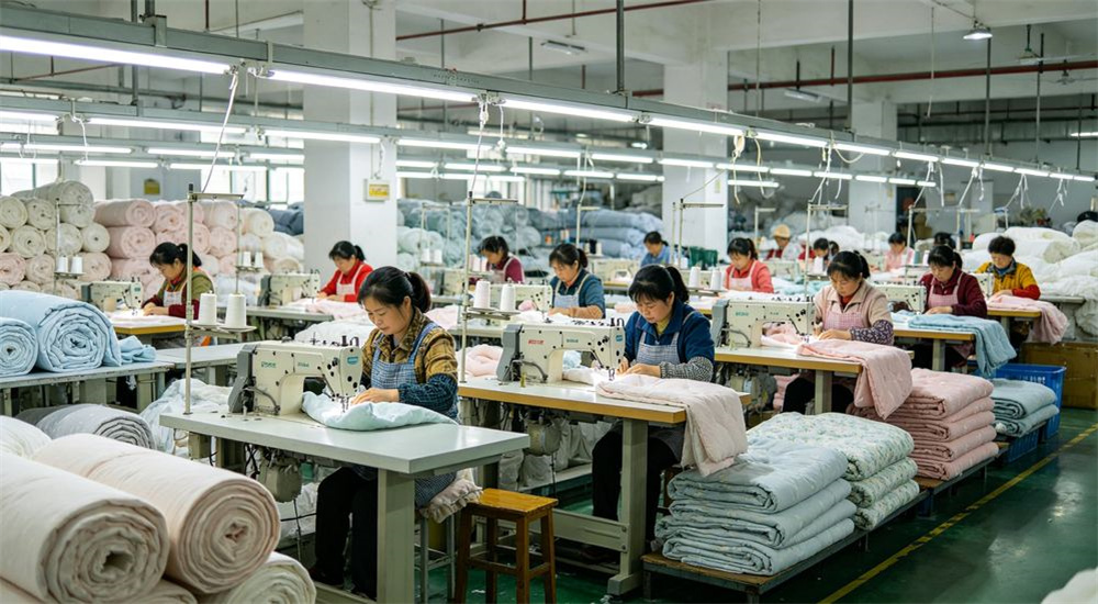 Wide shot of textile factory producing refugee camp bedding in bulk, workers assembling durable emergency shelter linen for humanitarian relief export, clean production floor in China, professional textile photography with bright even lighting for humanitarian relief procurement buyers