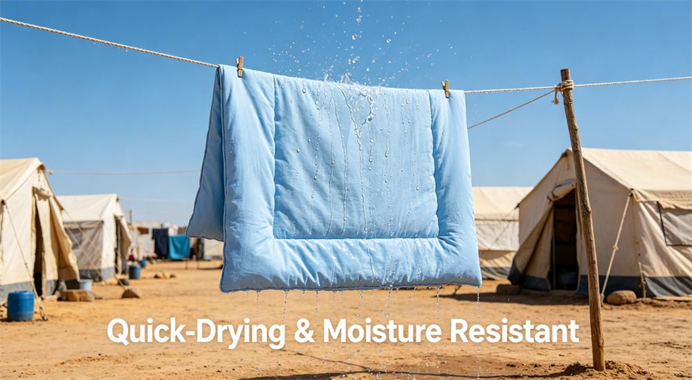 Inside a temporary refugee camp shelter with durable bedding laid out for a family, clean emergency shelter linen on simple camp beds, daily life in a relief accommodation, professional textile photography with bright even lighting for humanitarian relief procurement buyers