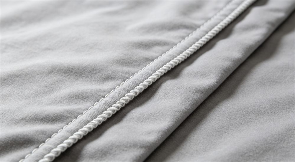 Close up of reinforced stitching on refugee camp bedding, durable seams on emergency shelter linen built to survive repeated folding and washing in relief camp use, professional textile photography with bright even lighting for humanitarian relief procurement buyers
