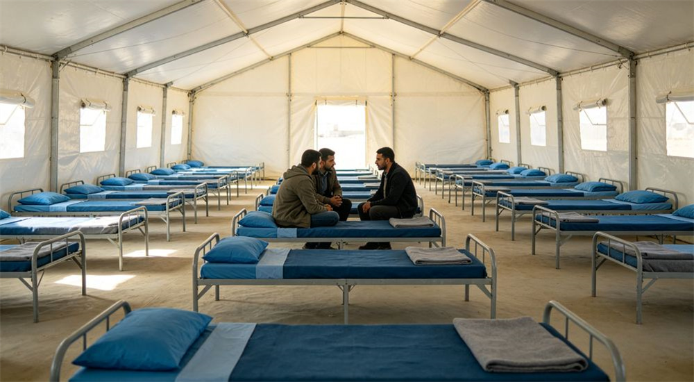 Side view of interior of a refugee camp shelter showing neatly laid emergency shelter bedding on simple beds, durable relief linen ready for family use in temporary accommodation, professional textile photography with bright even lighting for humanitarian relief procurement buyers