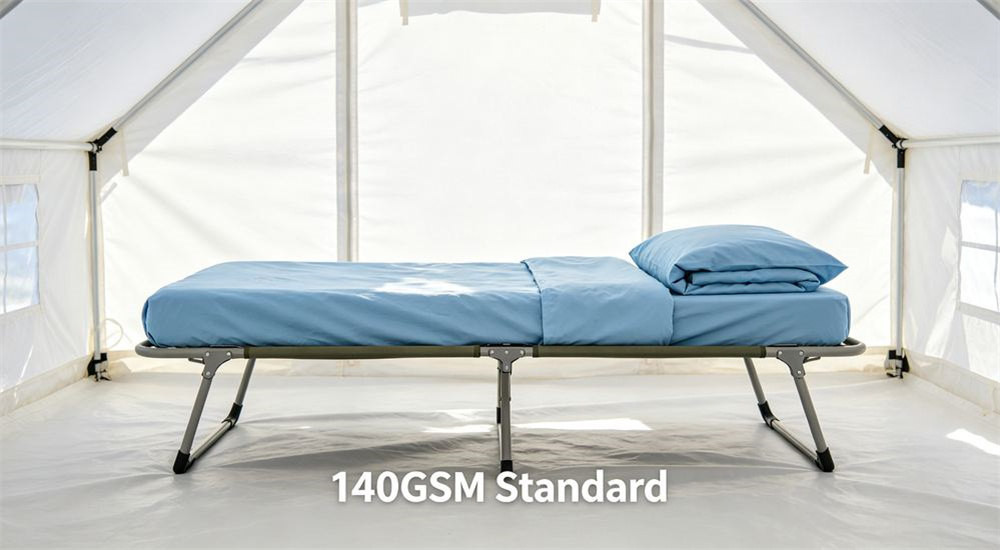 Wide-angle view of refugee camp family area with emergency shelter bedding in use, durable relief linen laid out for a displaced household, organized humanitarian camp living space, professional textile photography with bright even lighting for humanitarian relief procurement buyers