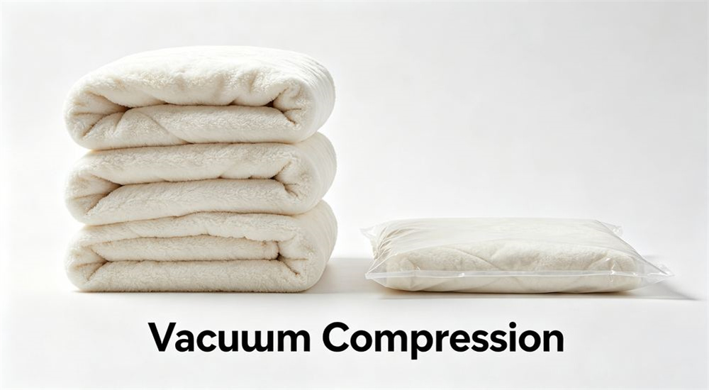 Side-by-side view of before and after packing of refugee camp bedding, folded vacuum compressed emergency shelter linen being prepared for distribution, efficient relief packaging, professional textile photography with bright even lighting for humanitarian relief procurement buyers