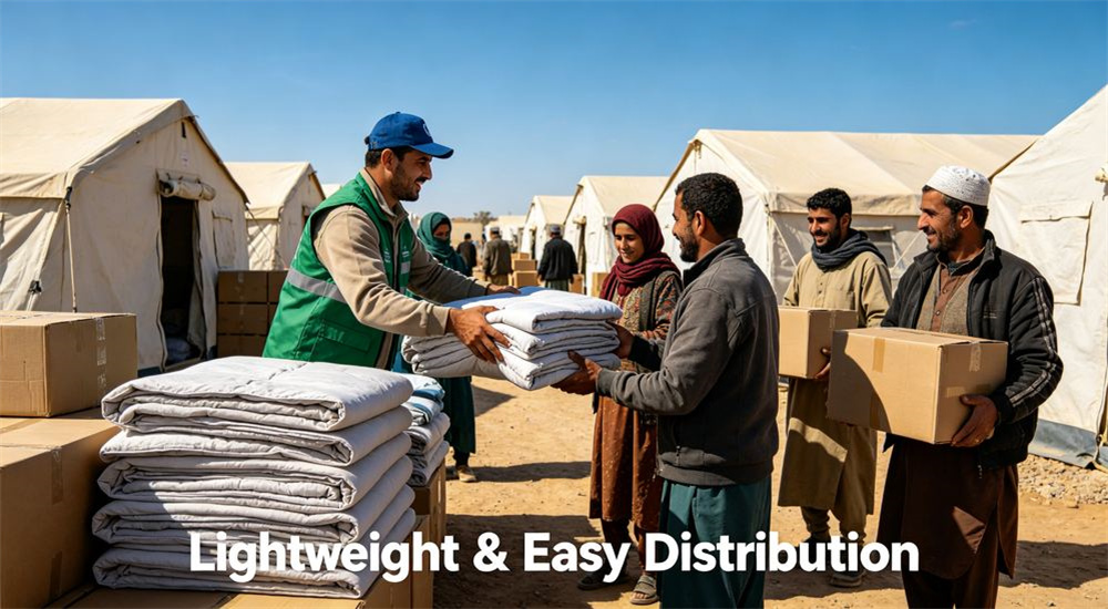 Temporary dormitory style refugee camp accommodation with rows of emergency shelter bedding, durable relief linen arranged for many residents, organized camp housing, professional textile photography with bright even lighting for humanitarian relief procurement buyers