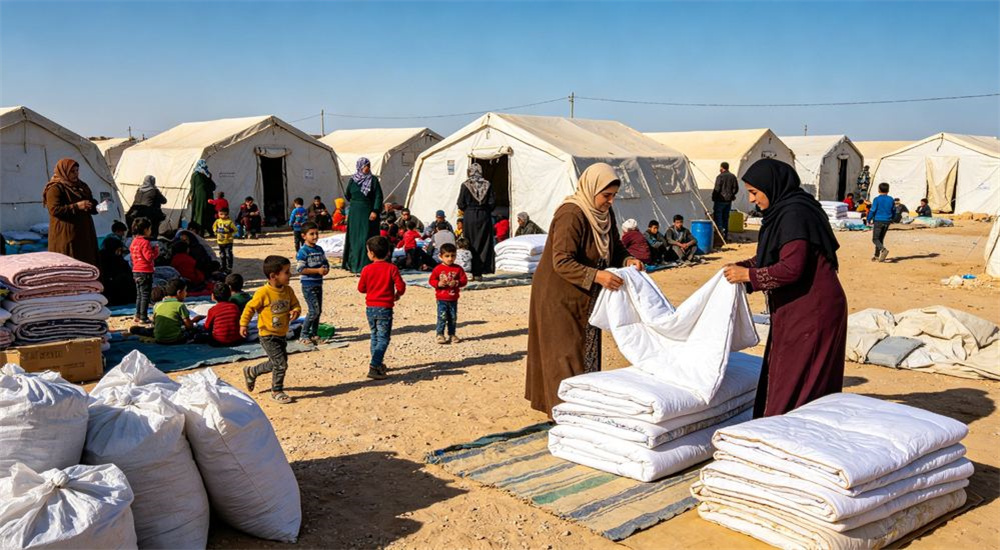 Rows of refugee camp tents lined up with emergency shelter bedding distributed inside, durable relief linen serving many displaced families, organized camp layout, professional textile photography with bright even lighting for humanitarian relief procurement buyers