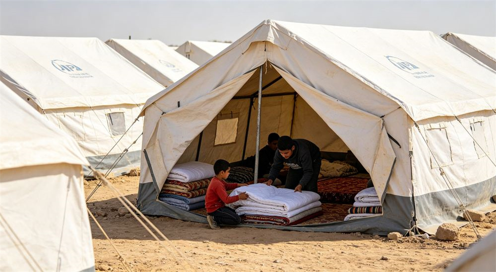 Wide-angle view of daytime view across a refugee camp with emergency shelter bedding visible in shelter openings, durable relief linen in active humanitarian accommodation, bright camp scene, professional textile photography with bright even lighting for humanitarian relief procurement buyers