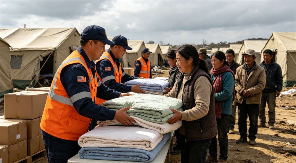 Evening in a refugee camp with emergency shelter bedding providing warmth inside shelters, durable relief linen keeping displaced people comfortable through cold nights, professional textile photography with bright even lighting for humanitarian relief procurement buyers