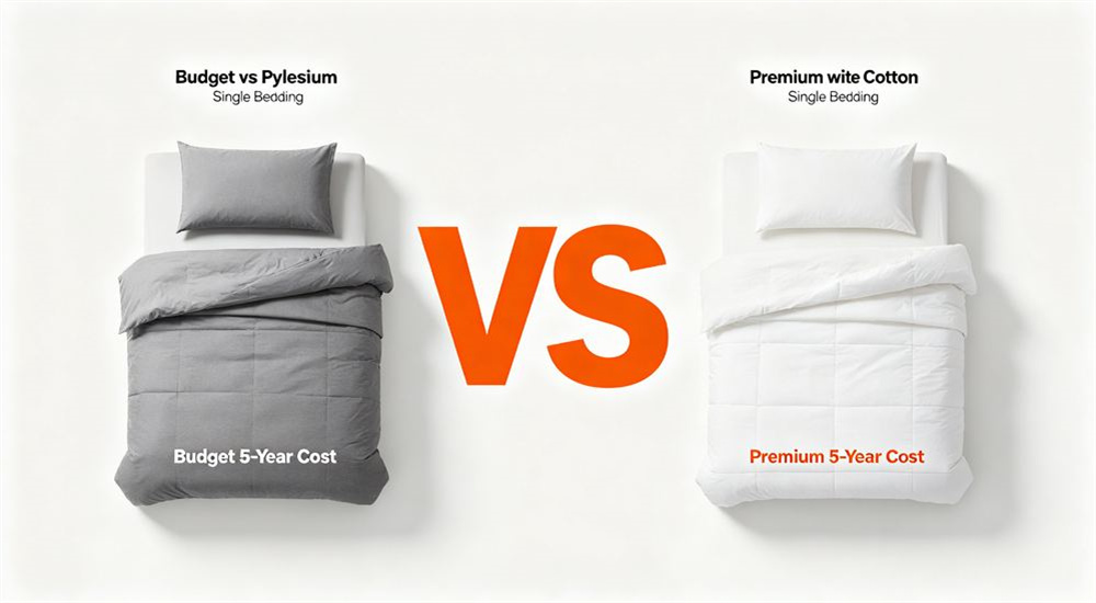 Size options of refugee camp bedding shown side by side, emergency shelter blankets sheets and pillowcases in standard relief distribution sizes, professional textile photography with bright even lighting for humanitarian relief procurement buyers