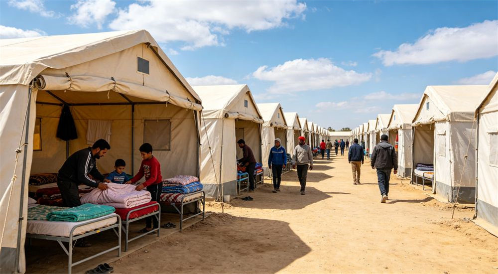 Wide-angle view of rest area in a refugee camp with emergency shelter bedding laid out, durable relief linen, calm humanitarian setting