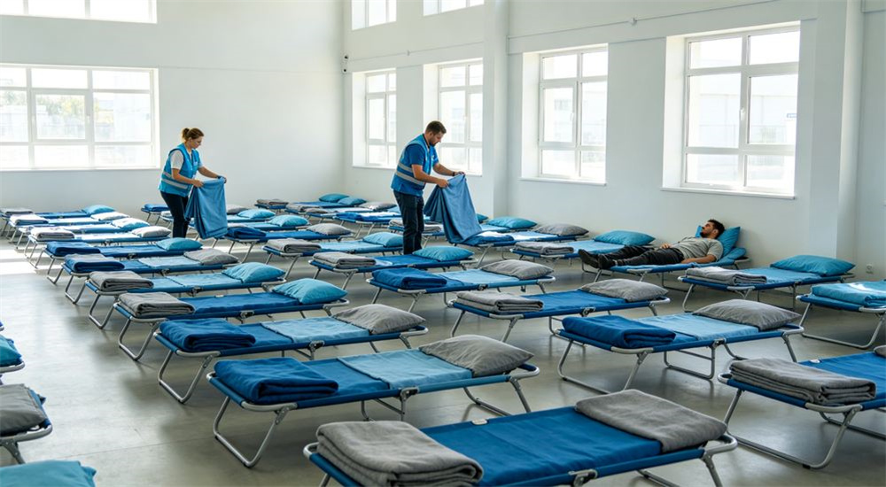 Top-down view of bundled refugee camp bedding sleep kit, folded emergency shelter linen ready for relief distribution, compact pack containing blanket sheet and pillow, professional textile photography with bright even lighting for humanitarian relief procurement buyers