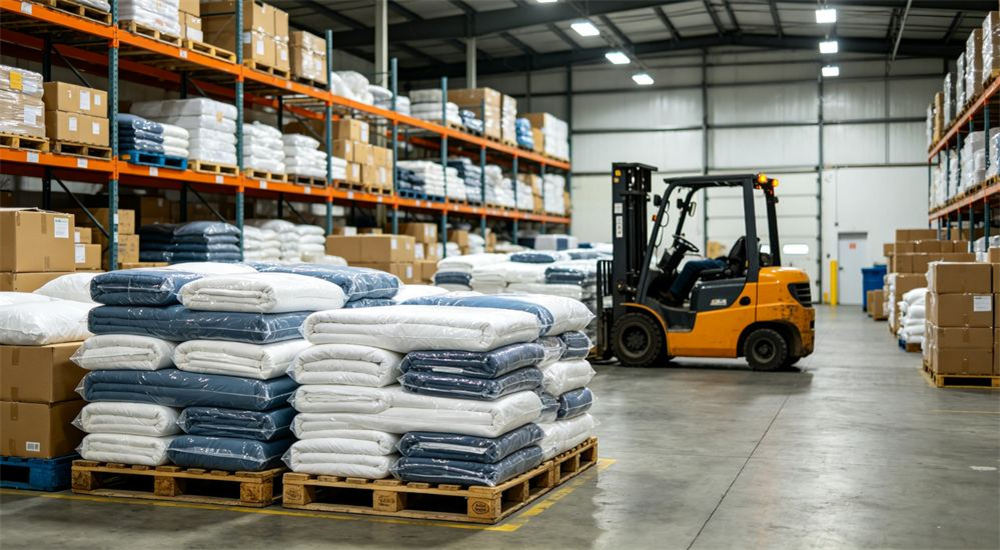 Wide shot of warehouse stocked with folded refugee camp bedding ready for shipment, durable emergency shelter linen stored for bulk relief orders, organized stock piles, professional textile photography with bright even lighting for humanitarian relief procurement buyers
