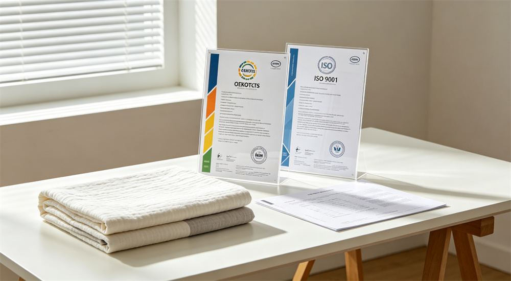 Close-up view of quality control check of refugee camp bedding, staff inspecting folded emergency shelter linen for stitching and weight before packing, careful relief textile review, professional textile photography with bright even lighting for humanitarian relief procurement buyers