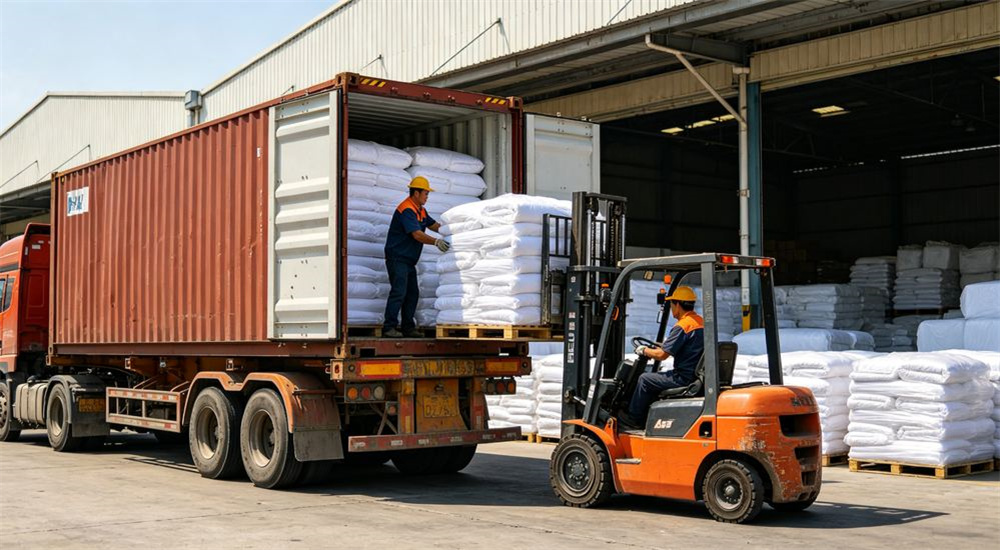 Wide shot of container loading of refugee camp bedding cartons, bulk emergency shelter linen being stuffed for shipment to humanitarian relief buyers, secure container loading, professional textile photography with bright even lighting for humanitarian relief procurement buyers
