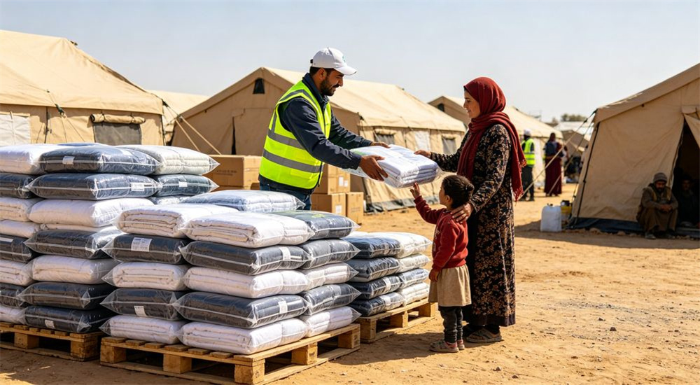 Wide shot of bulk refugee camp bedding order prepared for distribution, stacks of folded emergency shelter linen ready for humanitarian relief shipment, organized relief stock, professional textile photography with bright even lighting for humanitarian relief procurement buyers