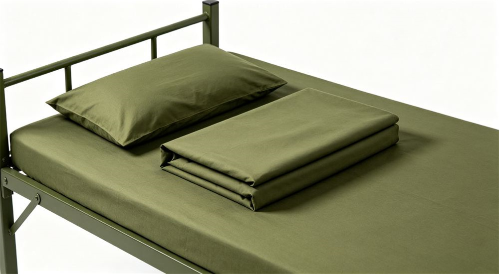 Top-down flat lay of olive green institutional bedding set on white background, folded durable government procurement bed linen for public facility bulk orders
