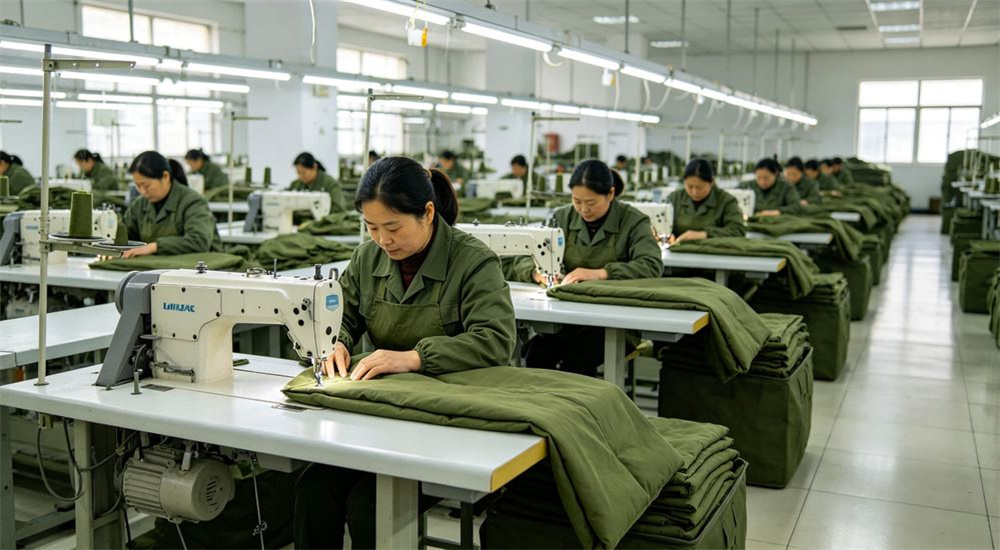 Wide shot of textile factory producing durable institutional bedding in bulk, workers sewing government procurement bed linen for public facilities, clean production floor in China, professional institutional textile photography with bright even lighting for government procurement buyers