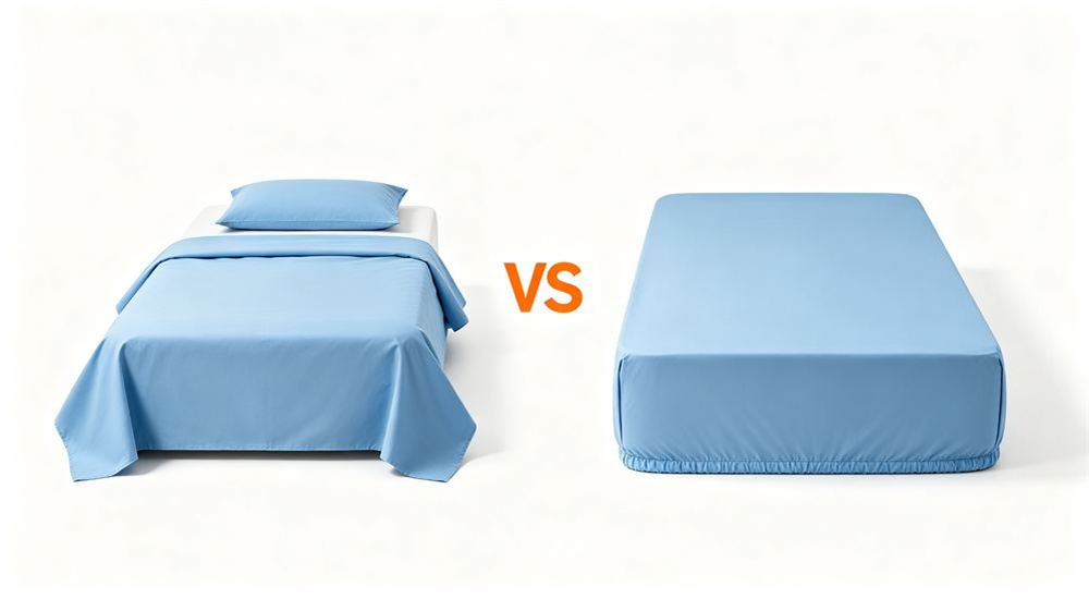 Top-down view of a neatly made institutional bed with olive green durable bedding, government procurement bed linen laid flat in a staff dormitory