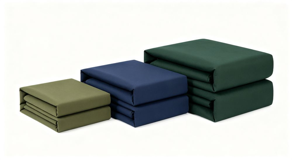 Side view of folded durable institutional bedding stack, neat government procurement bed linen piles ready for public facility distribution, orderly warehouse packing, professional institutional textile photography with bright even lighting for government procurement buyers