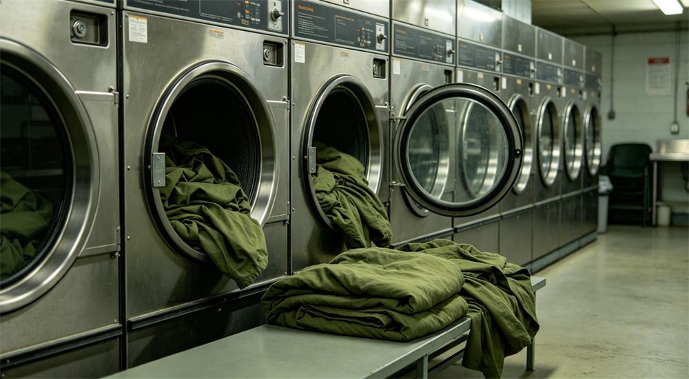 Standard institutional residential room with rows of durable bedding, government procurement bed linen arranged in a clean public facility, uniform tidy appearance, professional institutional textile photography with bright even lighting for government procurement buyers
